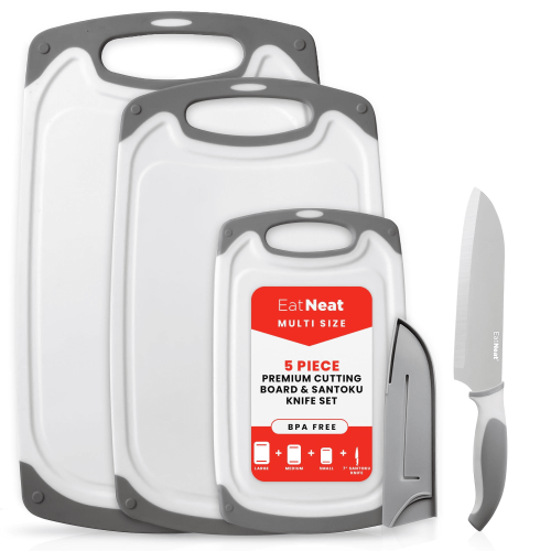 EatNeat 5-Piece Set - Non-Slip Cutting Boards & Stainless Steel Santoku Knife with Sheath. Perfect for Home Kitchen & Outdoor Food Preparation EatNeat 5-Piece Set - Non-Slip Cutting Boards & Stainless Steel Santoku Knife with Sheath. Perfect for Home Kitchen & Outdoor Food Preparation