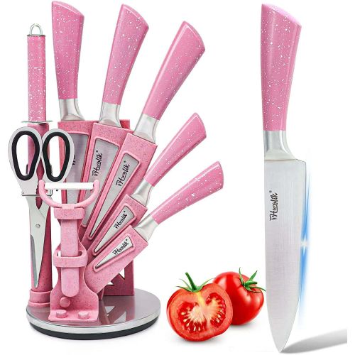 Kitchen Knife Set, 9PC Pink Wheat Straw Sharp Cooking Knife Set with Acrylic Stand Kitchen Knife Set, 9PC Pink Wheat Straw Sharp Cooking Knife Set with Acrylic Stand