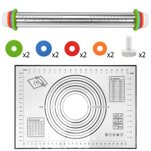 Dough Rolling Pin Dough Roller Stainless Steel Rolling Pins with 4 Removable Adjustable Thickness Rings and Rolling Mat Dough Rolling Pin Dough Roller Stainless Steel Rolling Pins with 4 Removable Adjustable Thickness Rings and Rolling Mat